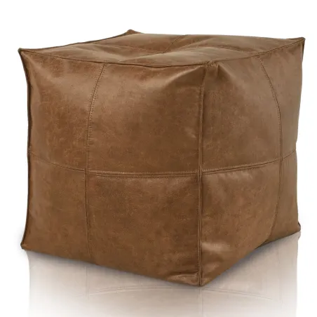 Square Cube Pouf with Stitching - Premium Genuine Leather