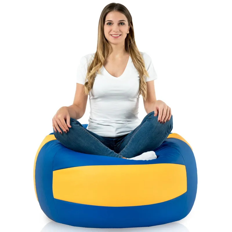 Stylish blue and yellow bean bag for vibrant living spaces