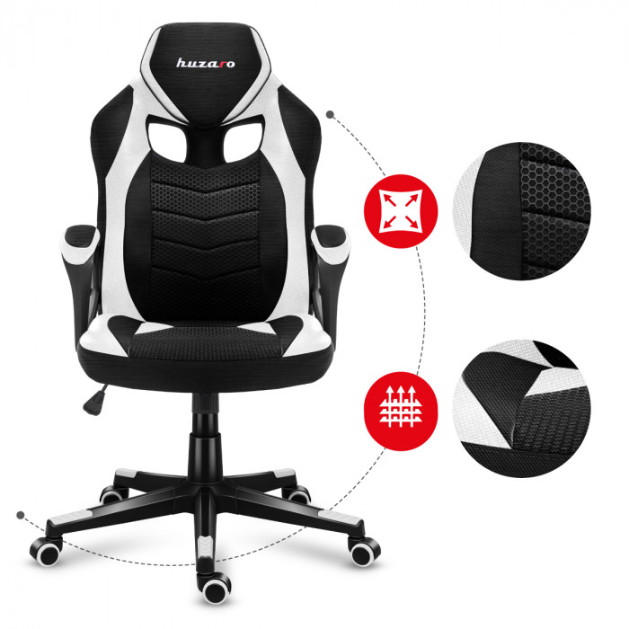 The front of the Huzaro Force 2.5 White Mesh chair and the advantages of fabrics