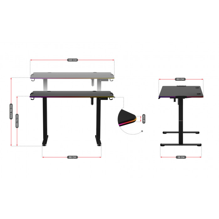 Dimensions of Huzaro Hero 8.2 RGB electric desk