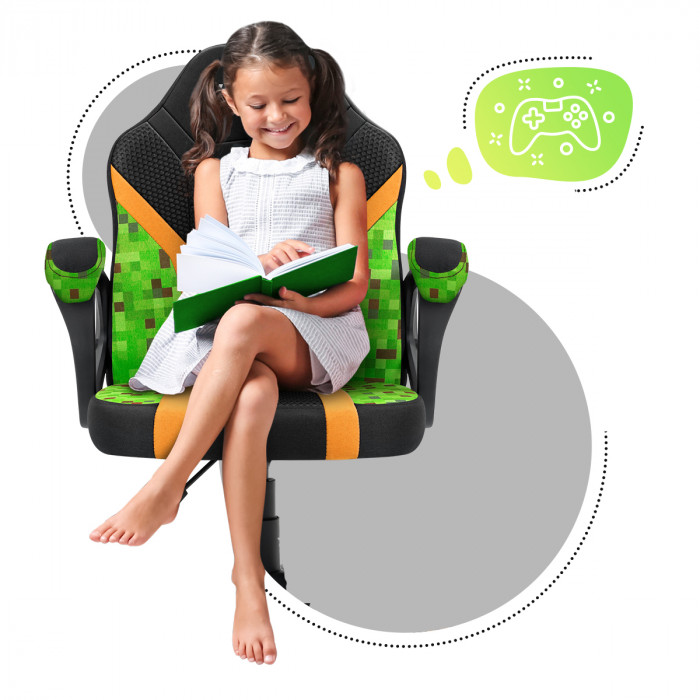 Front of gaming chair for a child with a girl reading a book