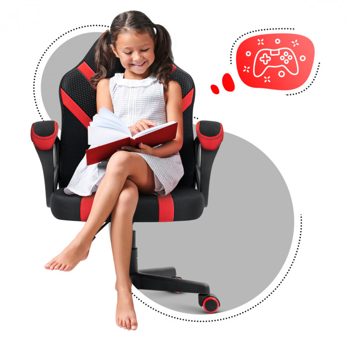 Front of Ranger 1.0 Red Mesh chair with a girl reading a book