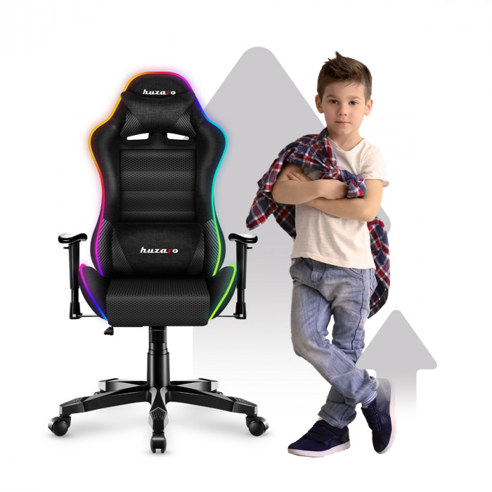 The front of the Huzaro Ranger 6.0 RGB gaming chair with boy