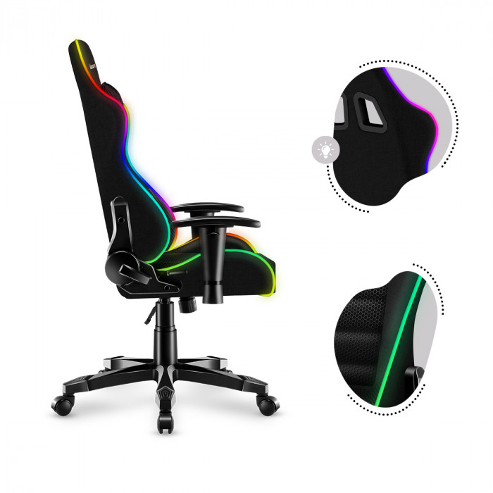 The front of the Huzaro Ranger 6.0 RGB gaming chair with boy