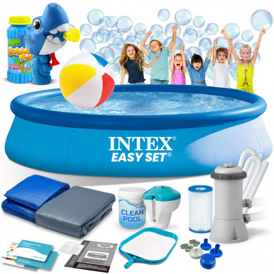 Round Inflatable Swimming Pool Above Ground Garden 396 x 84 cm 15in1 INTEX 28142 + bubble machine FREE.