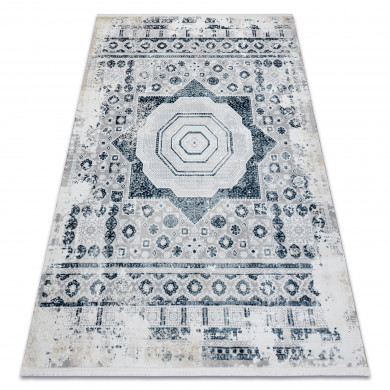 Modern carpet DUKE 51542 cream / blue - Rosette vintage structured, very soft, fringes