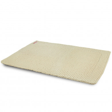 Hand-knitted rectangular cotton rug in cream, 86x60 cm
