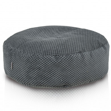 Velvet Dot Graphite footstool – round, patchwork, textured gray velour