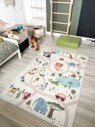 Dywan do prania BAMBINO 1165 Zoo, dla dzieci, antypoślizgowy - beż