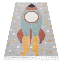 Carpet YOYO GD55 grey / blue - Stars, rocket for children, structural, sensory Fringes