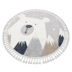 Carpet YOYO EY81 circle grey / white- Bear, mountains for children, structural, sensory Fringes