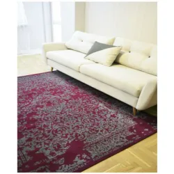 Stylish vintage rug in burgundy and grey, perfect for the living room