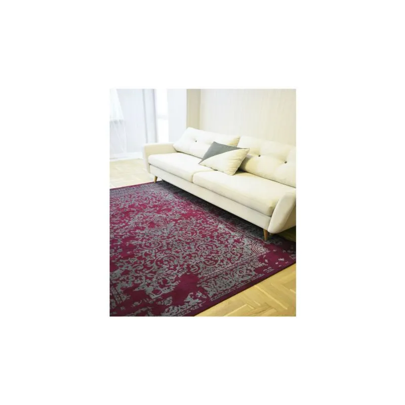 Stylish vintage rug in burgundy and grey, perfect for the living room