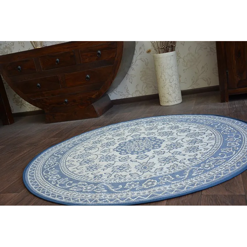 Round Sisal Rope Rug FLAT 48691/591 Blue Floral