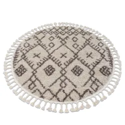 BERBER TANGER B5940 Round Rug Cream / Brown Berber Fringe Moroccan Shaggy