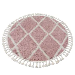 BERBER TROIK A0010 Round Rug Pink / White Berber Fringe Moroccan Shaggy
