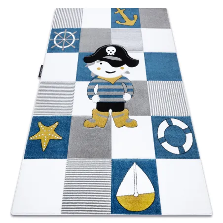 Children's blue rug featuring a pirate ship design