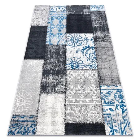 Vintage patchwork rug in grey and blue, classic carpet for living room
