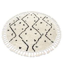 BERBER TETUAN B751 Round Zigzag Cream Rug with Berber Fringe Moroccan Shaggy