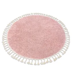 BERBER 9000 Round Pink Rug with Berber Fringe Moroccan Shaggy