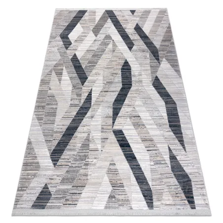 Modern REBEC geometric rug in navy blue with fringes, two pile levels