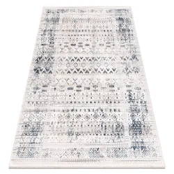 Dark blue rug with fringes, modern Boho style, classic carpet
