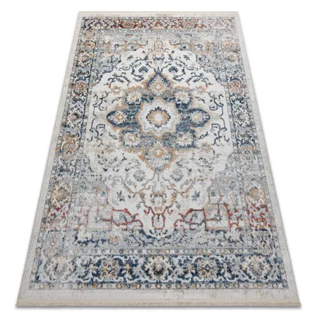 Contemporary rug DISTIN 0834A in navy and yellow with fringes