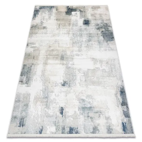 Modern geometric rug DISTIN 0144A in white, cream, and beige with fringes