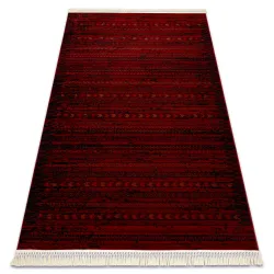 Burgundy and black striped geometric rug with fringes, classic design