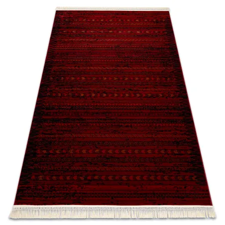 Burgundy and black striped geometric rug with fringes, classic design