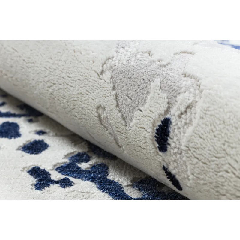 Elegant rug for bedroom, structured, white and blue design