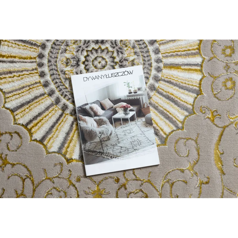 Dark beige rug with gold accents, elegant style for interiors