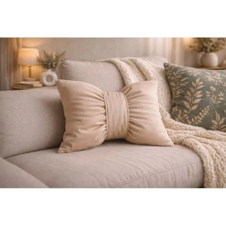Beige decorative bow pillow 40x30 cm made of soft fabric