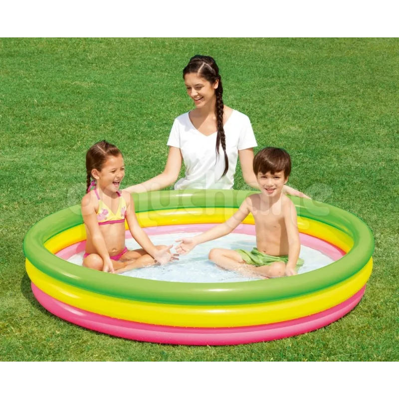 Inflatable pool in rainbow colors, great for children's play in the garden
