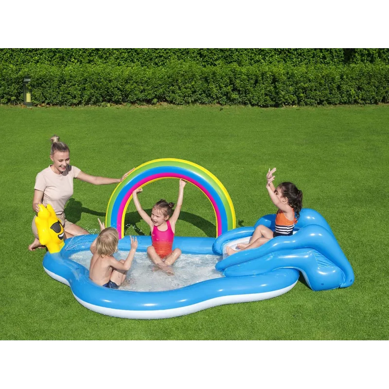 Light blue inflatable playhouse, great for kids' outdoor activities