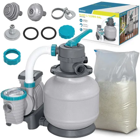 Pool pump 8327 l/h with 25kg sand, perfect for water filtration