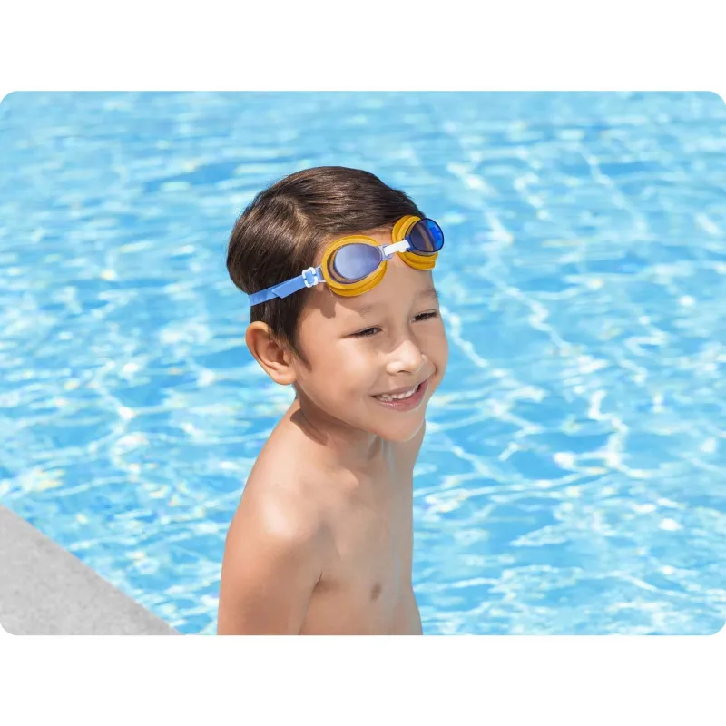 Children's blue swimming goggles, great for pool or beach fun