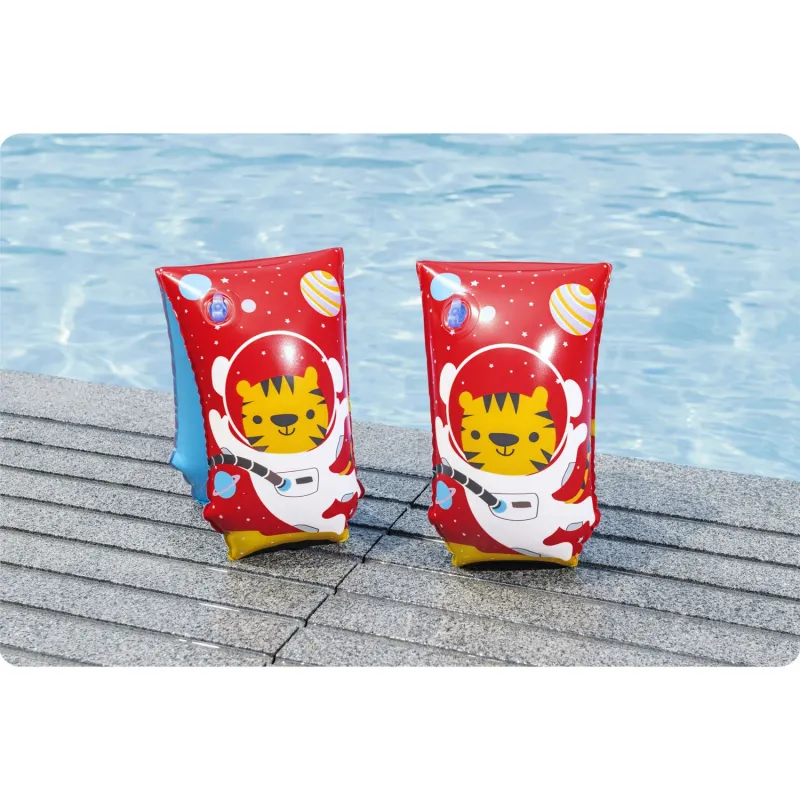 Yellow children's swim armbands featuring a tiger design