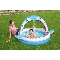 Blue inflatable pool with sprinkler, great for outdoor fun