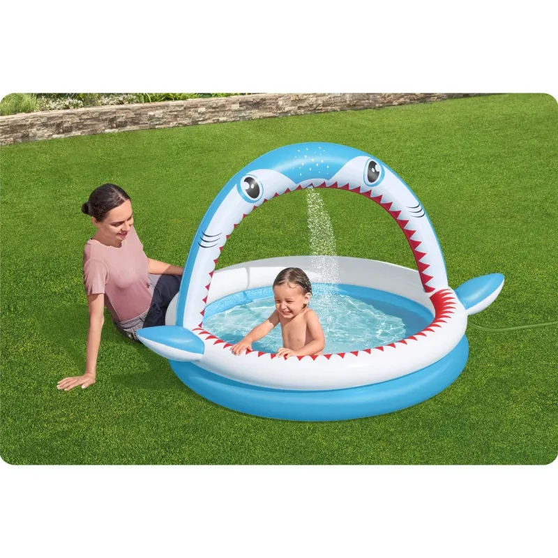 Blue inflatable pool with sprinkler, great for outdoor fun