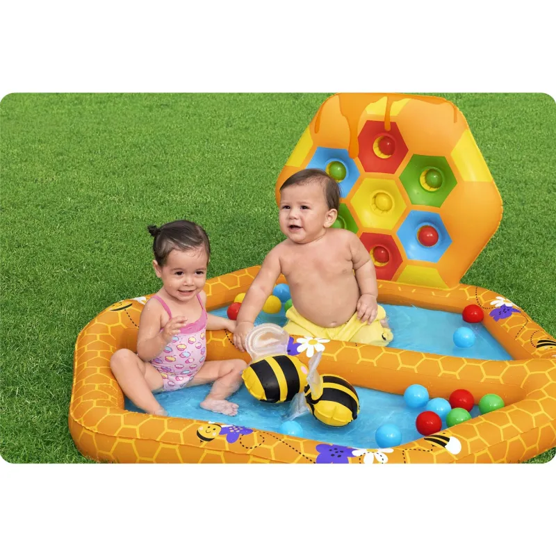 Colorful inflatable playground shaped like a bee, perfect for summer fun