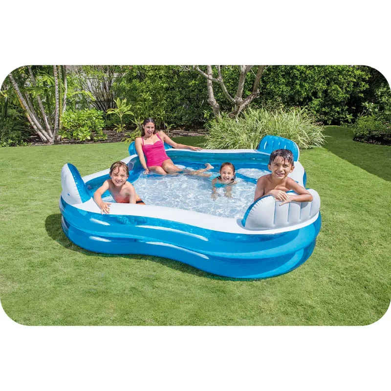 Colorful inflatable pool with seats, great for relaxing in the garden