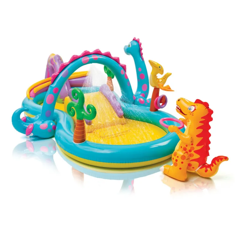 Inflatable dinosaur play center, vibrant design, perfect for kids