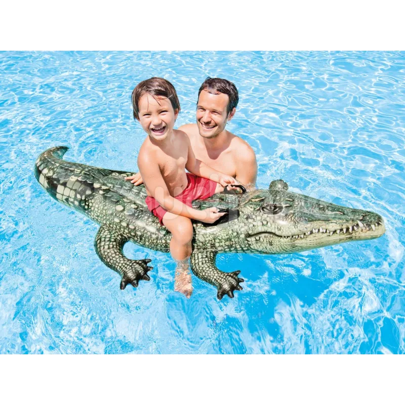 Green inflatable alligator, perfect for garden or pool use