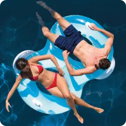 Inflatable armchair in blue, great for summer days by the water
