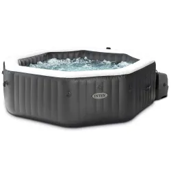 Inflatable spa with hydromassage, perfect for summer garden gatherings