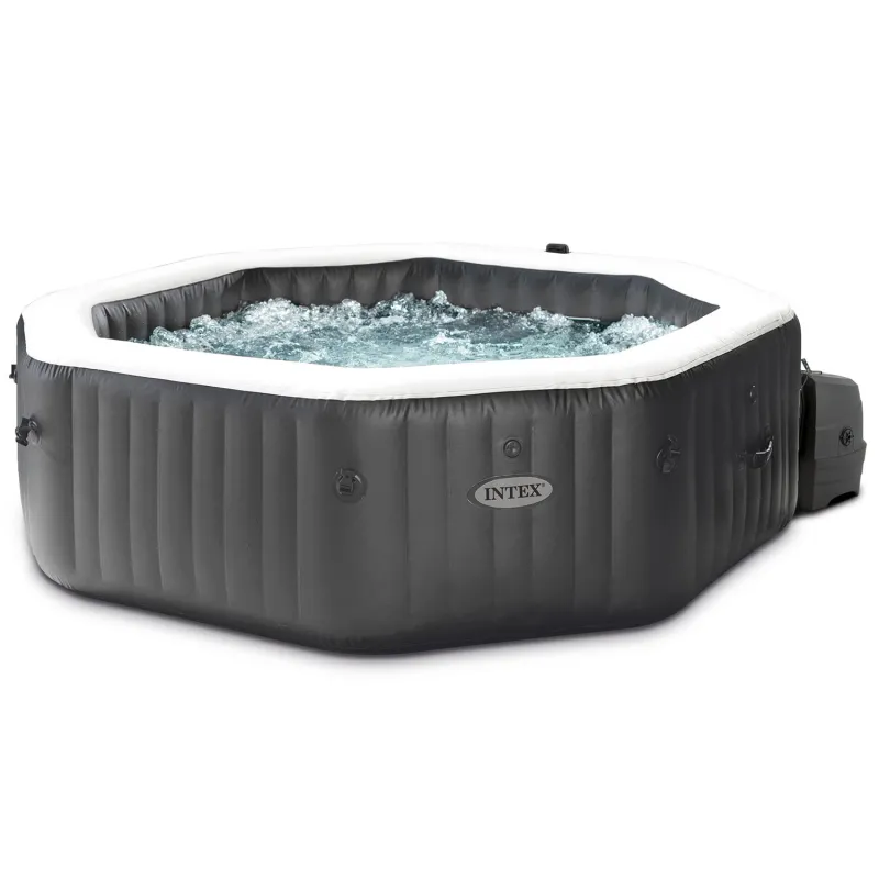 Inflatable spa with hydromassage, perfect for summer garden gatherings