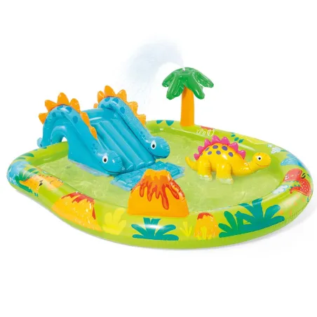 Inflatable dinosaur playground, perfect for summer water fun in the garden