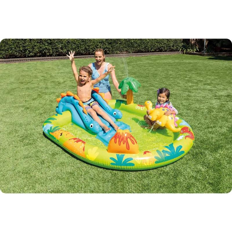 Colorful water playground featuring a dinosaur theme for outdoor fun