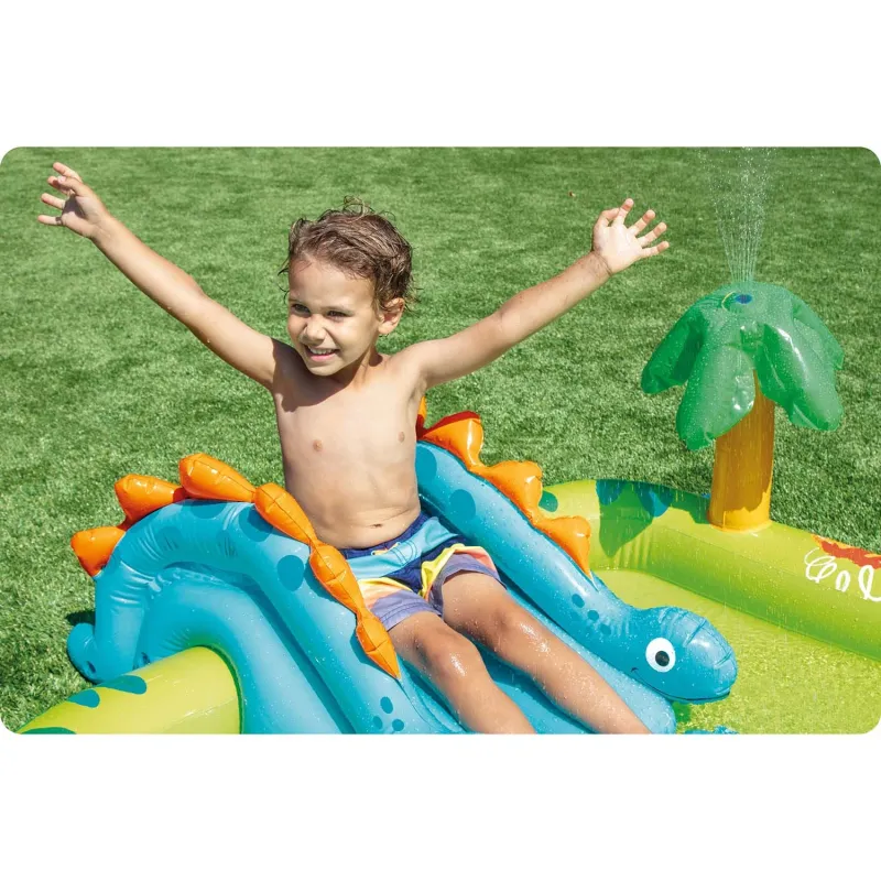 Perfect for the garden, inflatable playground for kids featuring dinosaurs
